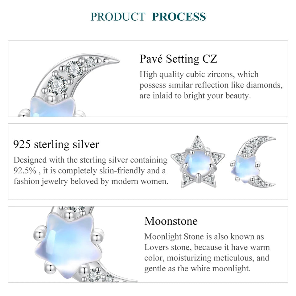 WOSTU 925 Sterling Silver Star and Moon Stud Earrings For Women, Cute Rainbow Moonstone Zircon Studs Party Daily Jewelry Gift