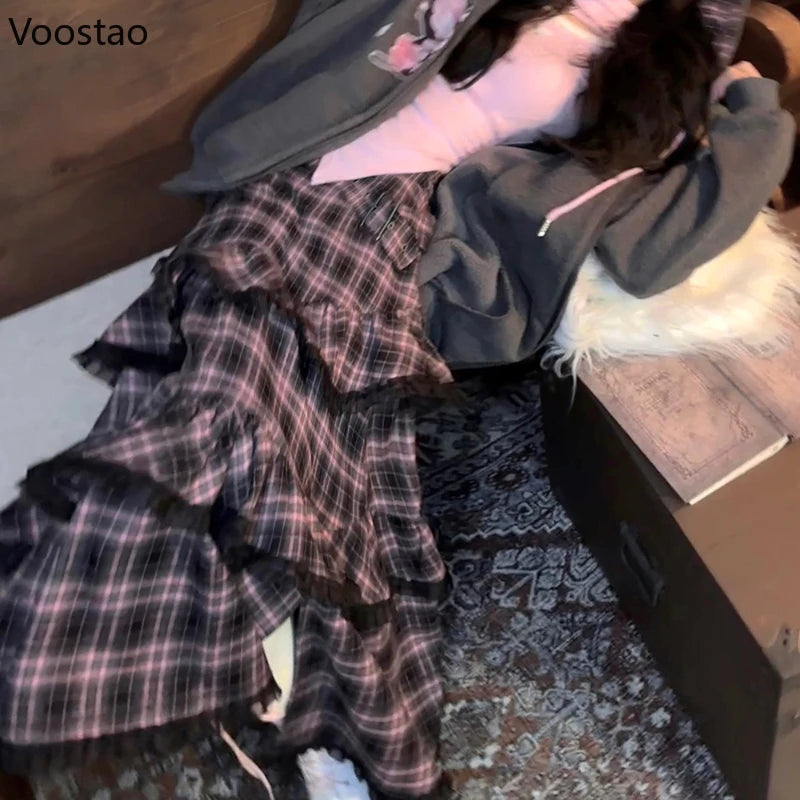 Harajuku Y2k Pink Black Plaid Skirt Women Casual Ruffles Patchwork Fairy Midi Skirts Korean Female Streetwear A-Line Cake Skirt