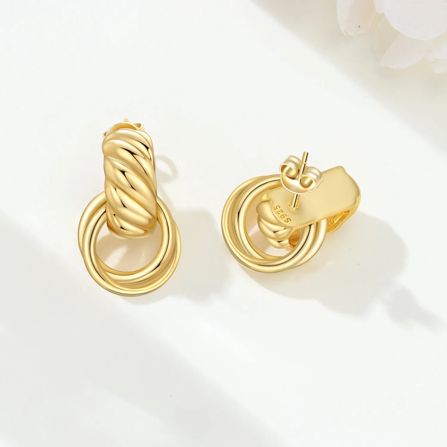 PANPOKI  925 Sterling Silver Gold Versatile Double Ring Earrings Stud Earrings For Lady S925 Jewelry Party Anniversary Gifts