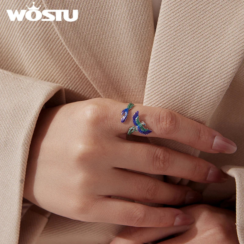 WOSTU 925 Sterling Silver Unique Phoenix Open Ring For Women, Original Luxury Animal Justable Rings Xmas New Year Jewelry Gift