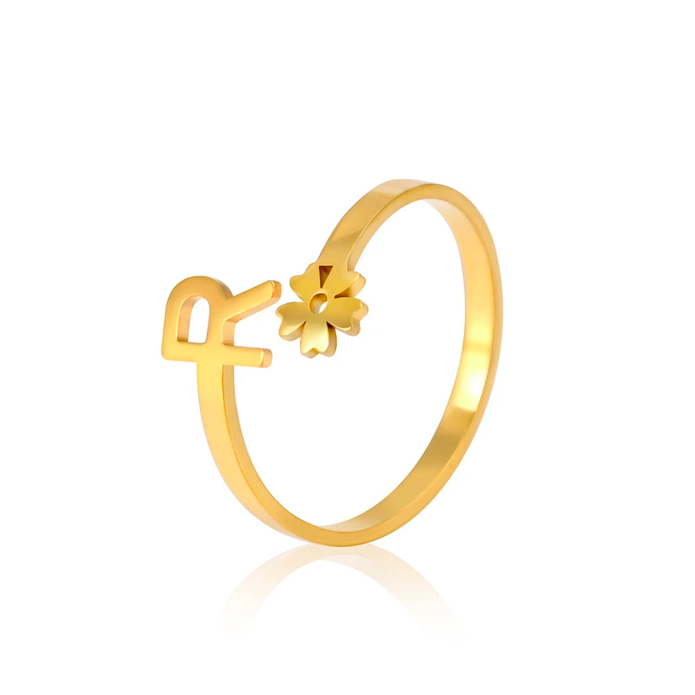 Stainless Steel Flower 26 Alphabet Open Ring for Women A-Z Initial Name Ring 2022 New Fashion Jewelry for Birthday Gift