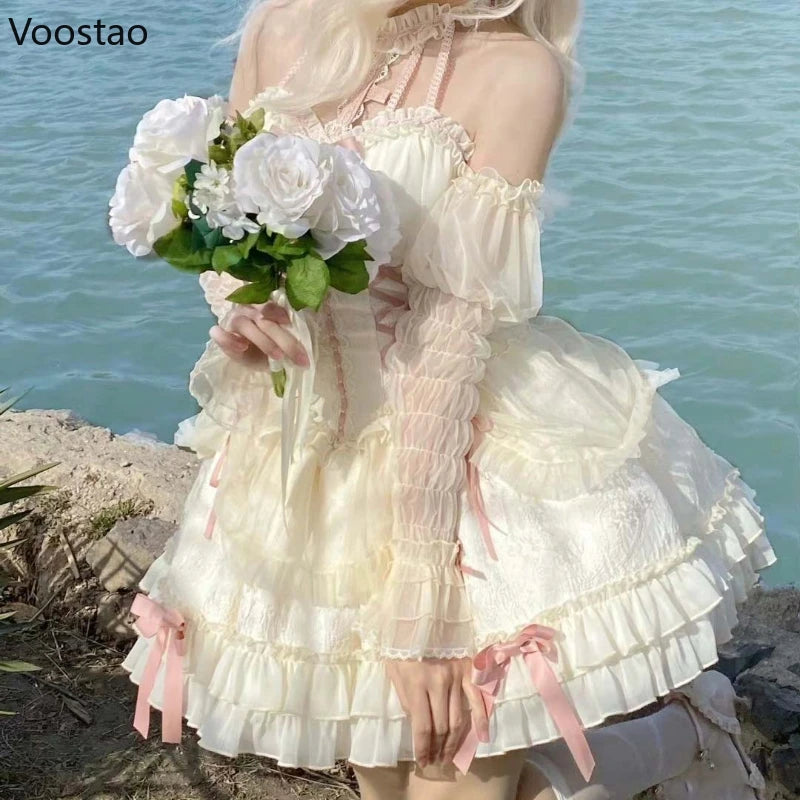 Gothic Lolita Princess Dress Women Sweet Bowknot Cross Lace Ruffles Evening Party Dresses Japanese Harajuku Y2k Bandage Vestidos