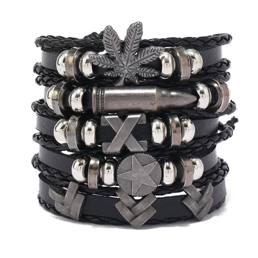 6-piece set Fashion Leather Bracelet Personalized DIY Knitted Leather Bracelet Simple Multi layered Adjustable Cowhide Bracelets