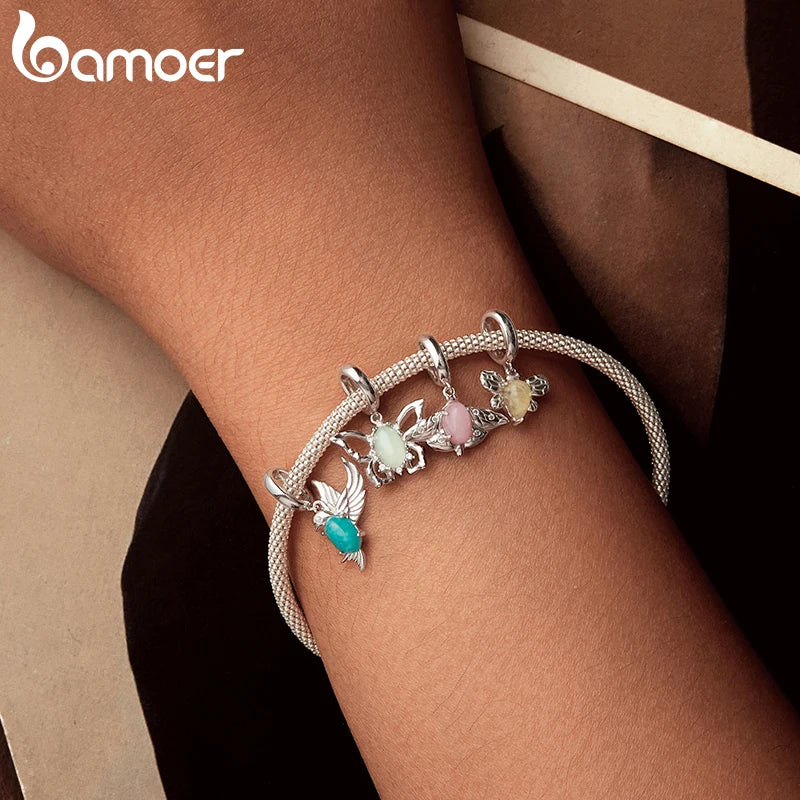 BAMOER Solid 925 Sterling Silver Natural Jade Butterfly Bee Bird Charm Pendant fit Original Bracelet DIY Jewelry Accessories