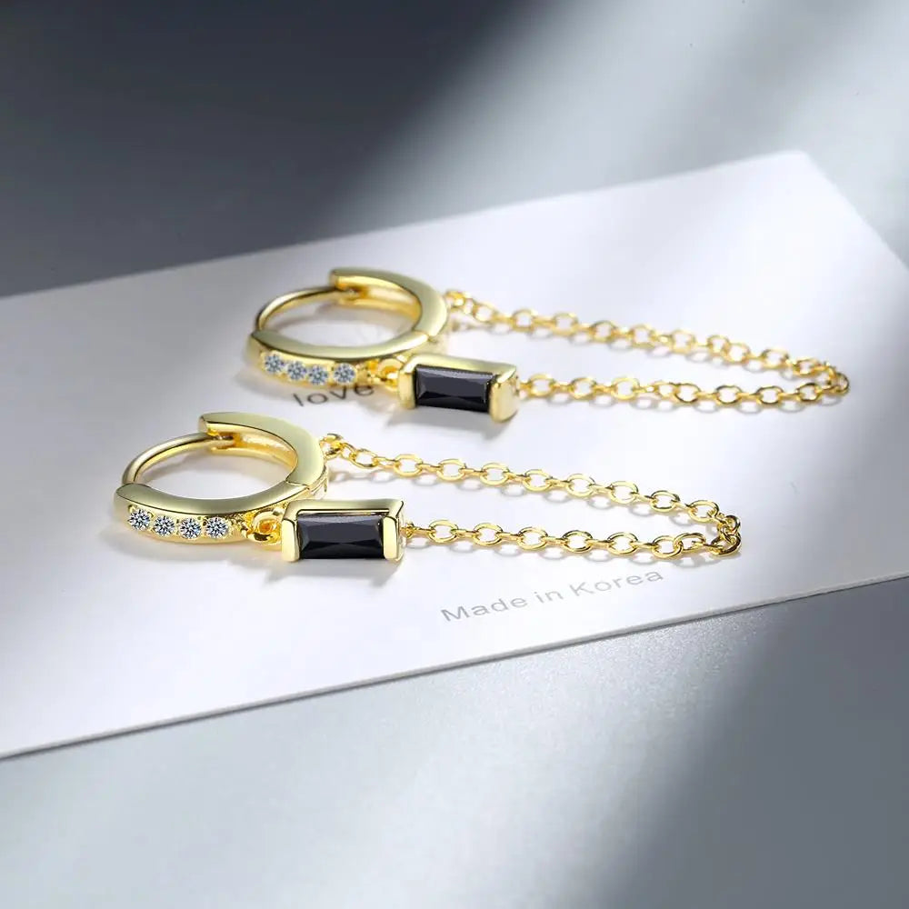 Boucles d'oreilles créoles en argent sterling 925 véritable, chaîne tendance, zircon noir, style huggy, pour femme, cadeau de mariage ou d'anniversaire, bijou raffiné DG0004