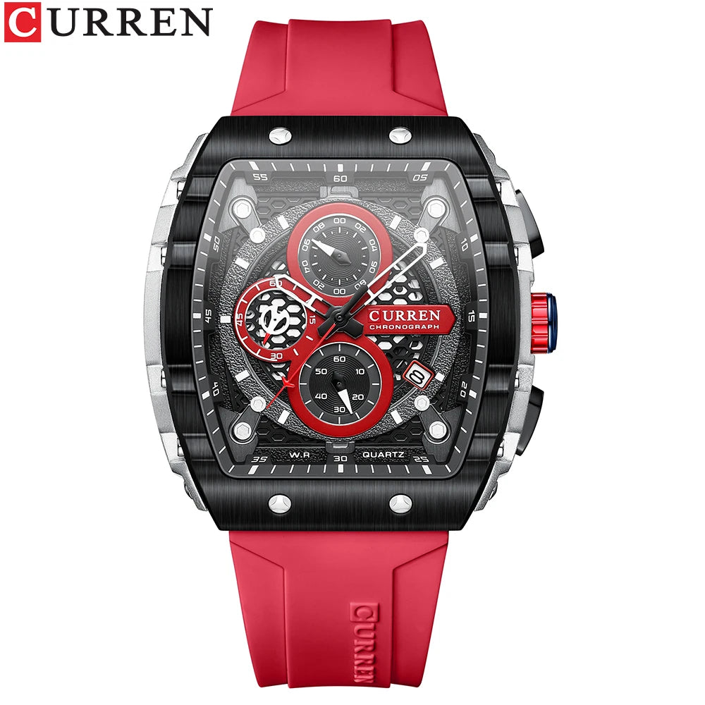 Montres de sport CURREN uniques, rectangulaires, avec grand cadran, mouvement à quartz, bracelet en silicone et date automatique.