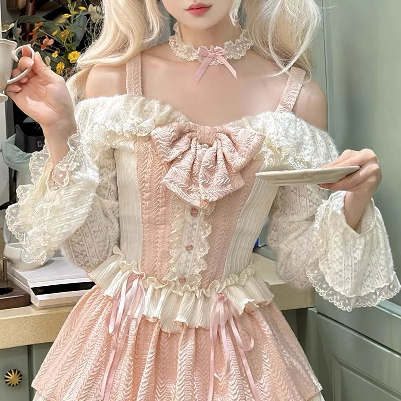 Sweet Lolita Style Skirt Sets Women Kawaii Bow Lace Ruffles Long Sleeve Off Shoulder Tops Y2k Cake Skirt Suit Pink 2 Piece Set