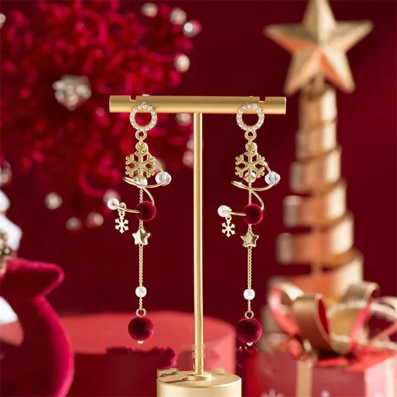 Vintage Wine Red Flocking Bowknot Drop Earring For Women Zircon Snowflake Christmas Tree Pearl Long Tassel Earring Party Jewelry