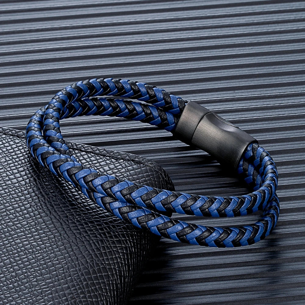 MKENDN Simple Style Men Braided Blue Brown and Black Leather Bracelet Matte Black Stainless Steel Button Accessories Jewelry