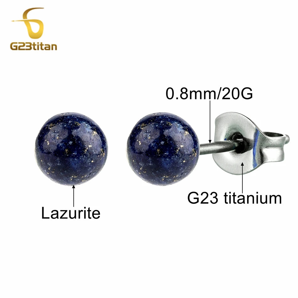 Surgical Titanium Piercing Jewelry Natural Blue Lapis Lazul Bead Semi Precious Stone Earrings Women Men Ear Studs Accesories
