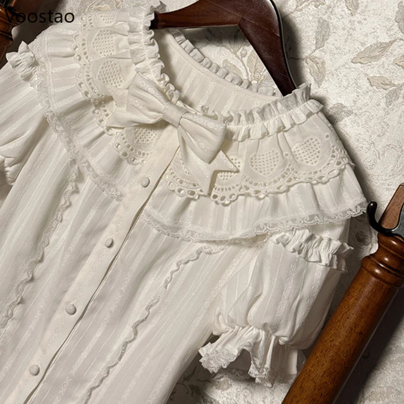 Chemises style Sweet Lolita pour femmes, style vintage kawaii, manches courtes bouffantes, volants et nœud, blouses pour filles, style gothique Y2K, hauts slim, style punk, Blusas Mujer