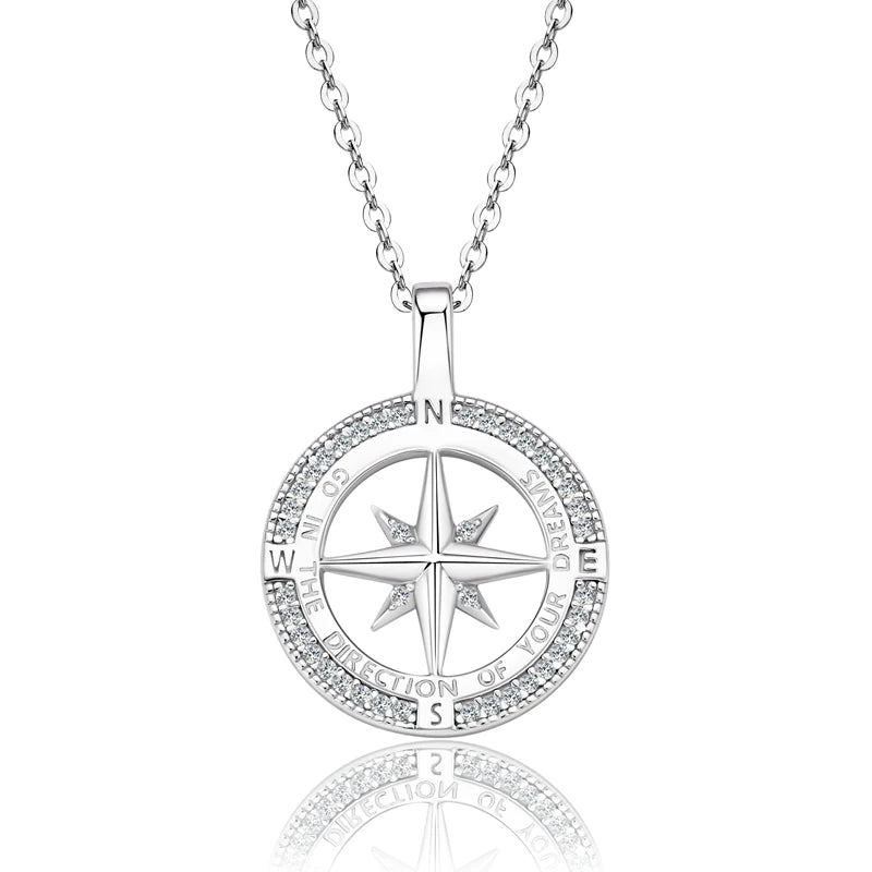 OXTAO 925 Sterling Silver Compass Pendant Necklace 1.0mm Cubic Zirconia Ladies Clavicle Chain Necklace Birthday Party Gifts