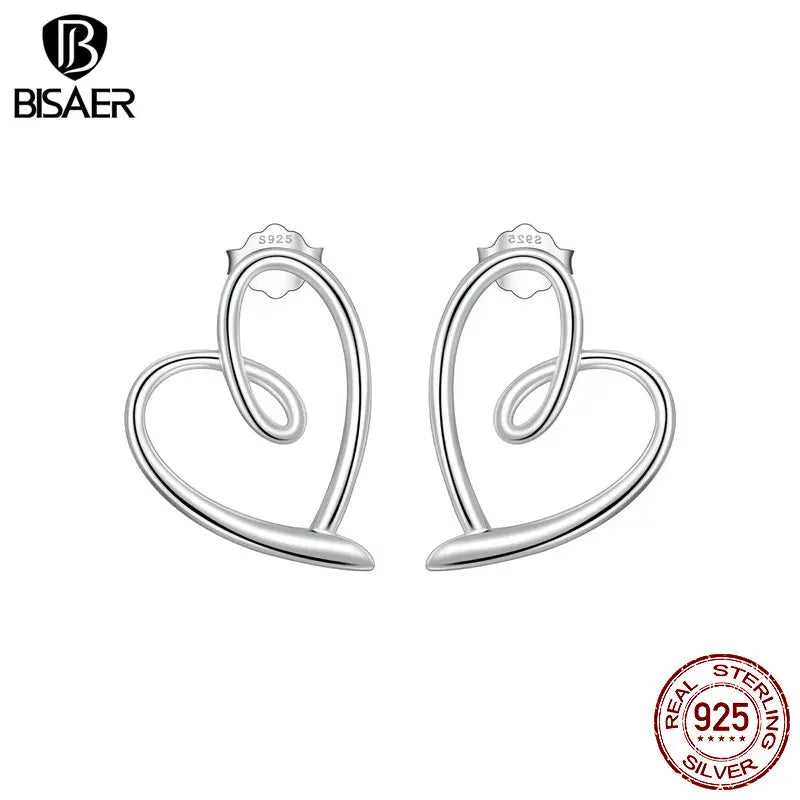 BISAER 100% 925 Sterling Silver Simple Heart Stud Earrings Plaqué Platine Ear Clip Pour OL Femme Mariage Fine Jewelry EFE871