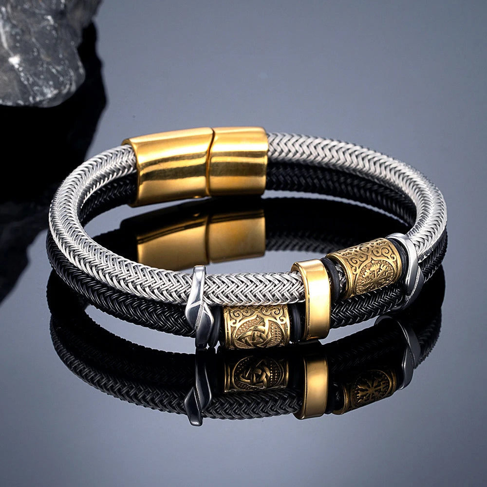 MKENDN Norse Mythology Viking Compass Runes Amulet Bracelet With Non-fading Steel Wire Rope Bracelet Men Classic Charm Bracelet