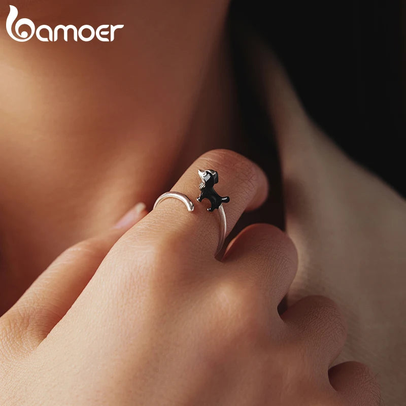 Bamoer 925 Sterling Silver Border Collie Open Ring Adjusable Black Enamel Dog Ring for Women Teens Pet Lover Cute Jewelry Gift