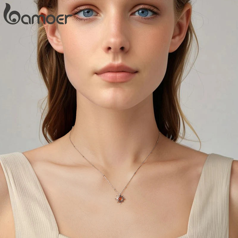 BAMOER 925 Sterling Silver Golden Sun Necklace Natural Sunstone Gem Pendant Necklace Beads Link Chain Women Mother Lucky Gift