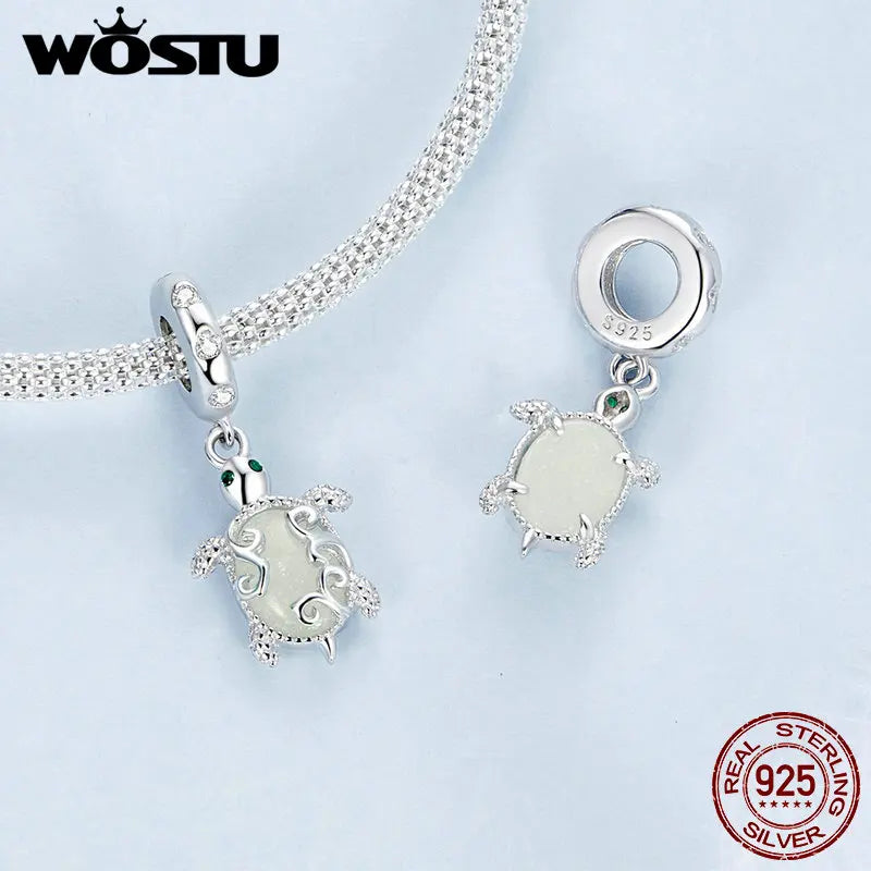 WOSTU 925 Sterling Silver Luminous Owl Charms Cross Pendant Firefly Glow in the dark Turtle Beads Fit DIY Bracelet Necklace Gift