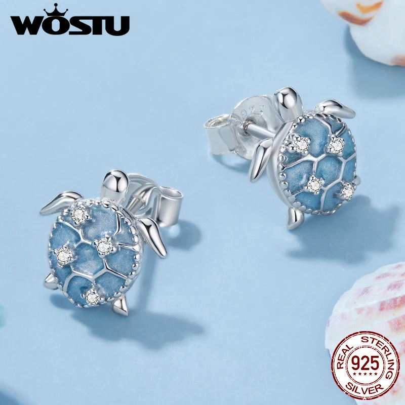 WOSTU Ocean Jewelry 925 Sterling Silver Blue Turtle Green Conch Stud Earrings Women Rainbow Mermaid Ear Hoops Beach Holiday Gift