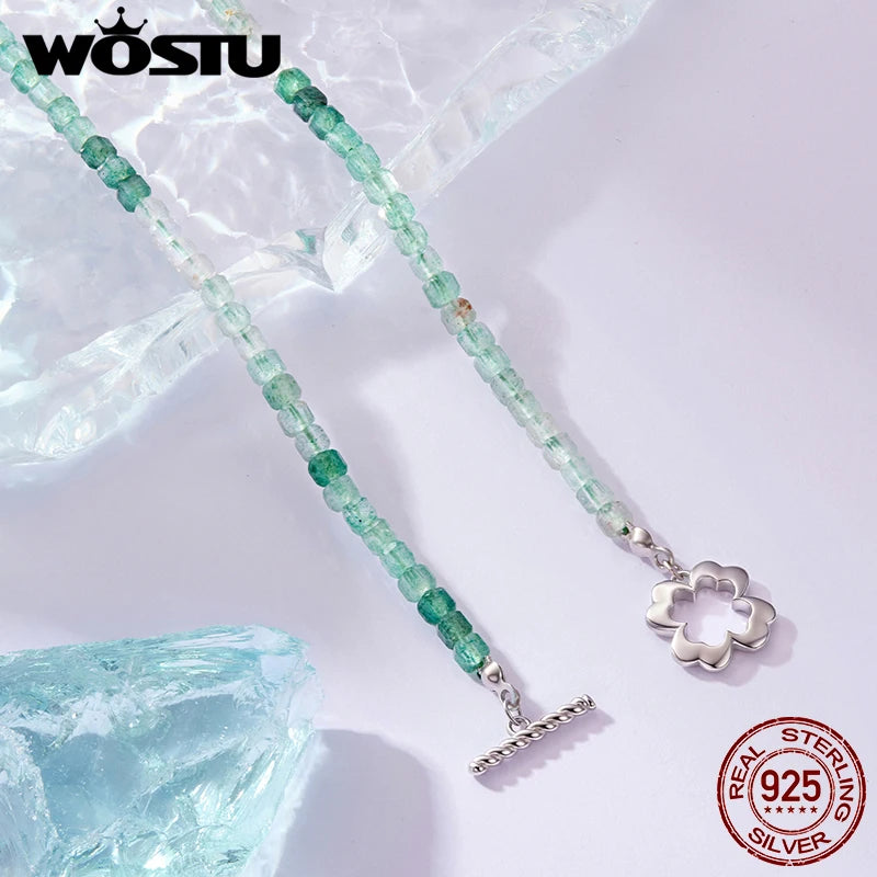 WOSTU 925 Sterling Silver Lucky Strawberry Crystal Necklace Fluorite Sun Fold Wear Chain for Women Girl Party Gift Fine Jewelry