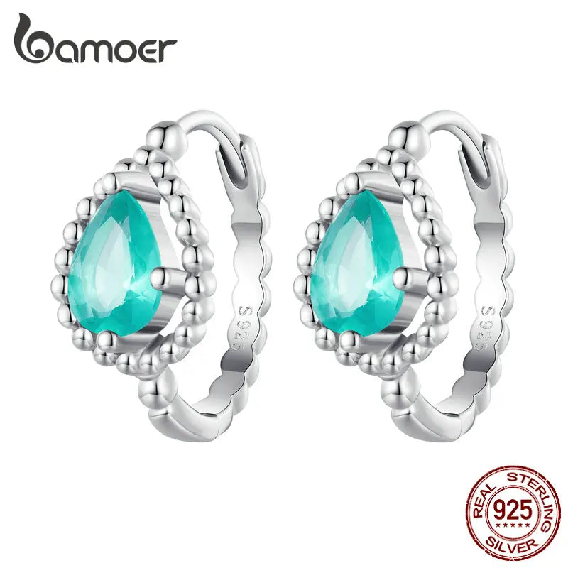 Bamoer 100% 925 Sterling Silver Original Blue Green Zircon Earrings Main Stone for Women Anniversary Wedding Fine Jewelry Gift
