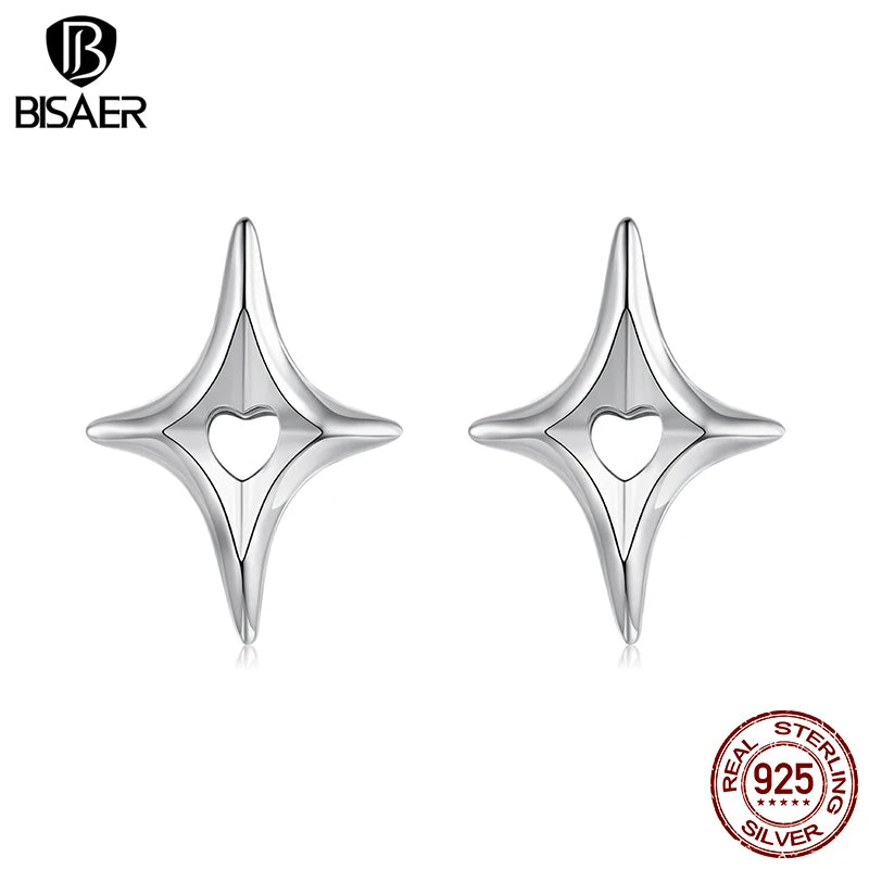 BISAER Solid 925 Sterling Silver Starry Stud Earrings Hollow Heart Stud Ear for Women & Girls Party Fine Jewelry EFE1192