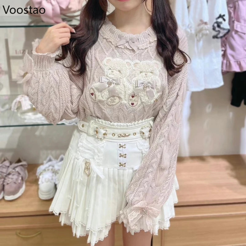 Vintage Sweet Lolita Style Knitted Pullover Girls Cute Plush Cartoon Bear Embroidery Bow Sweater Women Harajuku Knitwear Tops