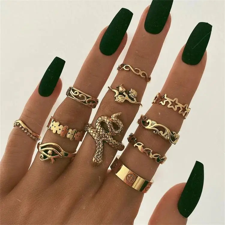 Bohemia Green Stone Finger Ring Set For Women Geometric Moon Owl Knuckle Rings Girls Fashion Jewelry Gift