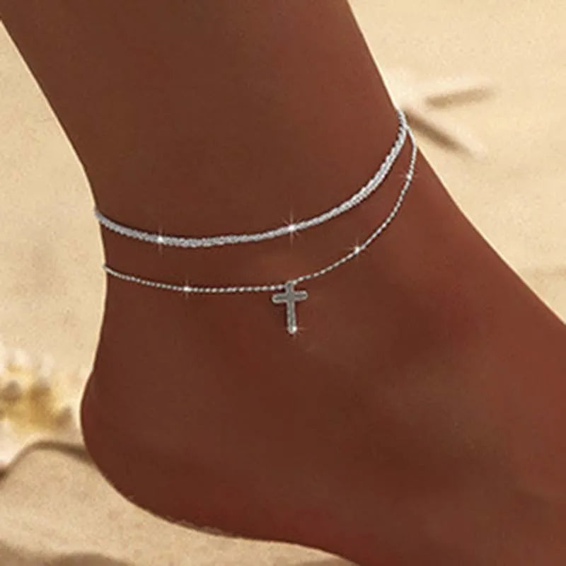 Silver Color Double Layer Shiny Chains Anklets For Women Heart Cross Geometric Pendant Foot Leg Barefoot Bracelet Charm Jewelry