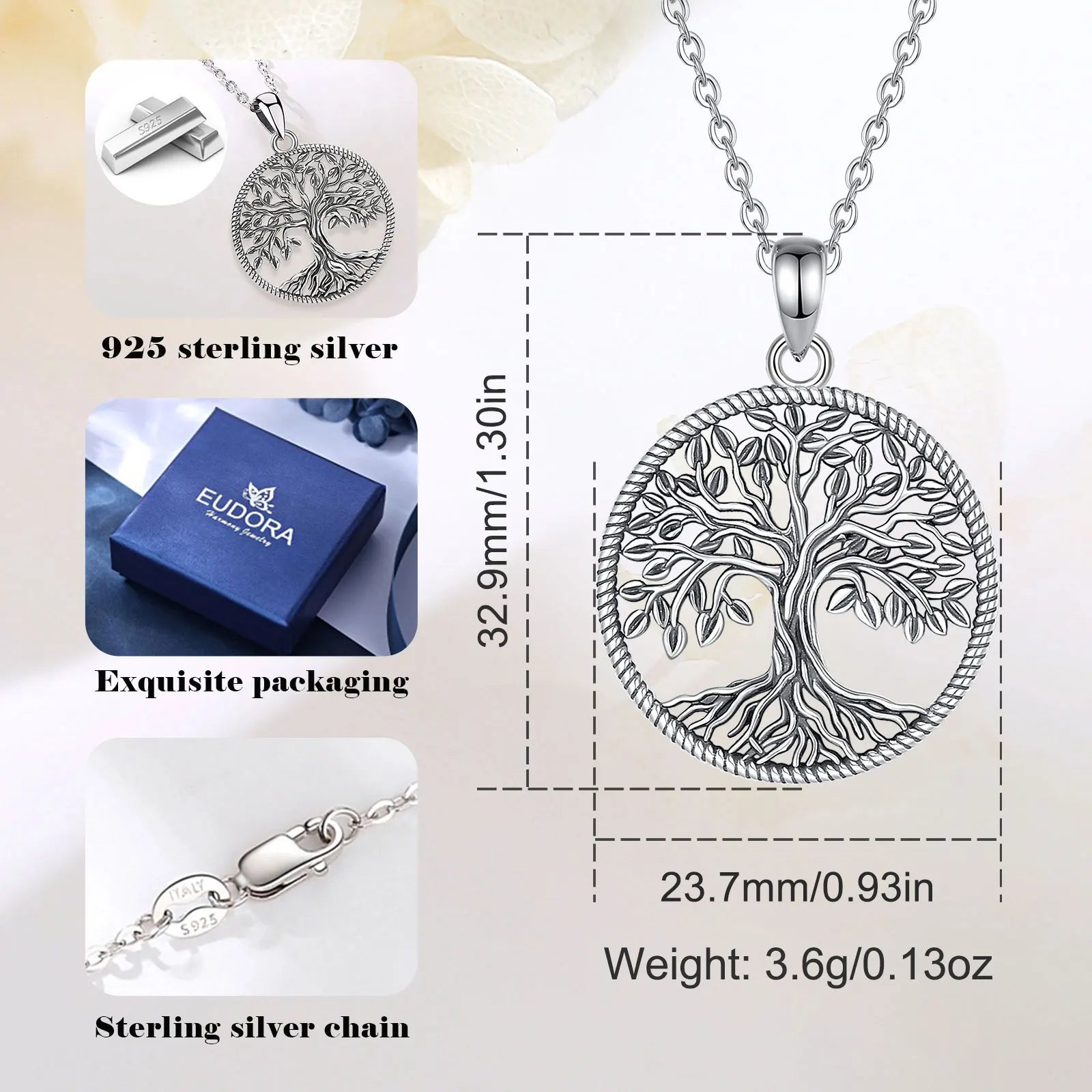 Eudora 925 Sterling Silver Vintage Tree of Life Necklace Vintage Yggdrasil Pendant Tree Jewelry Gift for Mom and Grandma Women