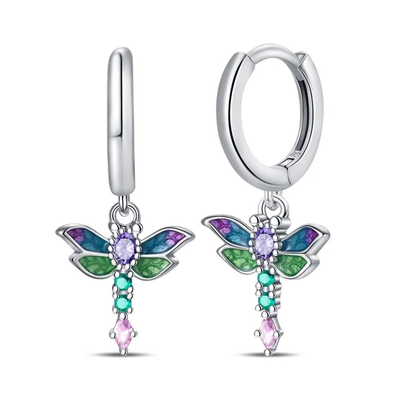 Classic Earrings For Women Girls 925 Silver Sparkling Four Leaf Clover Dragonfly Bees Double Hoop Earrings Luxury Party Jewelry