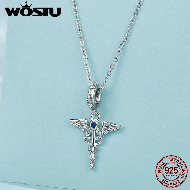 WOSTU Real 925 Sterling Silver Double Snake Caduceus Charm Pendant Fit Bracelet Necklace DIY Jewelry Make Gift for Doctors Nurse