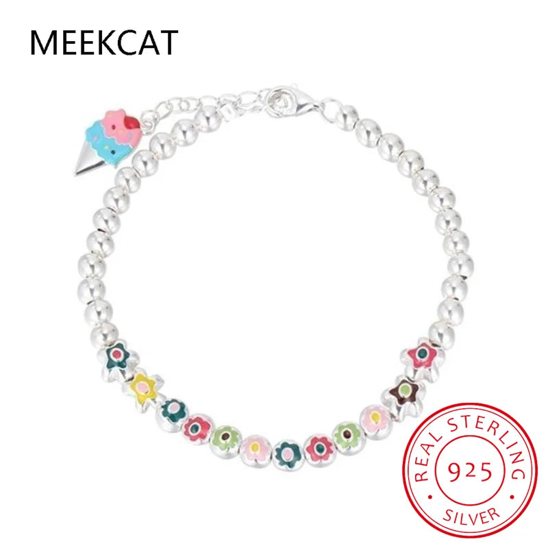 Handmade Bohemian 925 Sterling Silver Flower Rainbow Enamel Beads Chain Ice Cream Charm Bracelet Pulseiras For Women Girl Gift