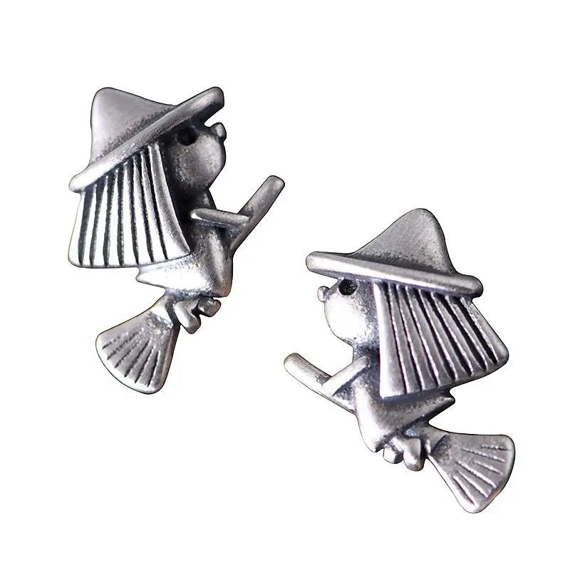 MKENDN Real 925 Sterling Silver Creative Retro Witch Stud Earring Trendy Street Punk Style Ear Pin for Men Women Fine Jewelry
