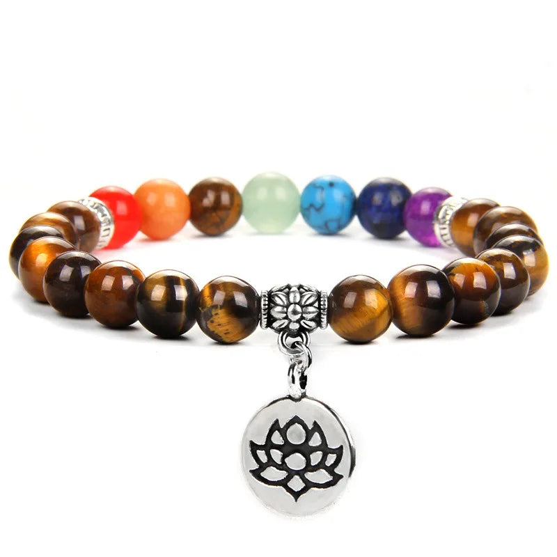 MKENDN 7-Chakra-Armbänder, buddhistisches Lotus-Amulett-Armband, Herren-Armband mit natürlichen Reiki-Steinen und Amethysten, Damen-Yoga-Schmuck