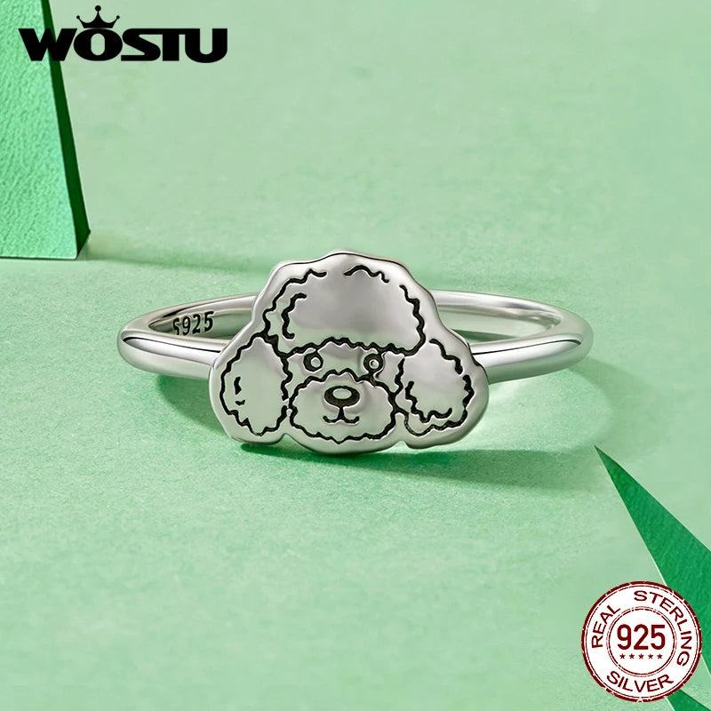 WOSTU Adjustable 925 Sterling Silver Dog Ring for Dog Lovers, Flat Cut Pet Animal Puppy Signet  Stacking Rings Girl Jewelry Gift