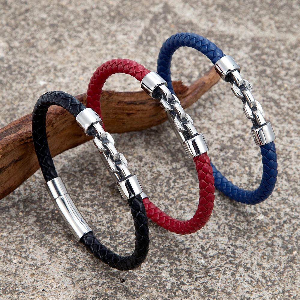 MKENDN Simple Style Vintage Locomotive Men Bicycle Chain Braided Leather Bracelet Stainless Steel Easy Buckle Male Jewelry