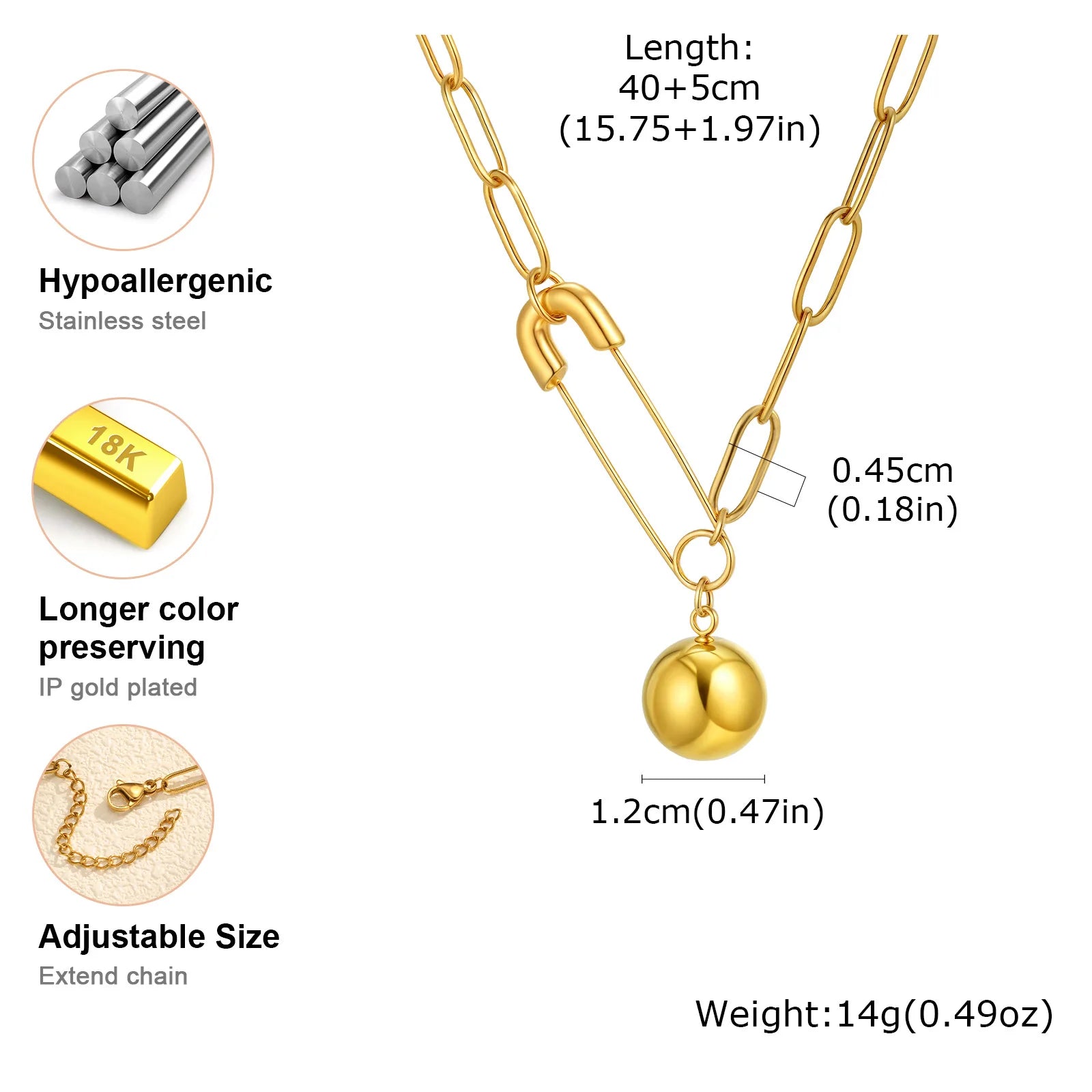 Vnox Gold Plated Round Ball Pendent Necklace For Women Fashion Jewelry Stainless Steel Paper Clip Chain Choker Gift To Girls