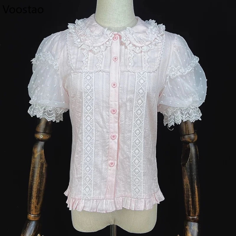 Japanese Sweet Lolita Shirts Women Kawaii Cute Puff Short Sleeve Lace Ruffles Slim Blouses Tops Girls Y2k Clothes Blusas Mujer
