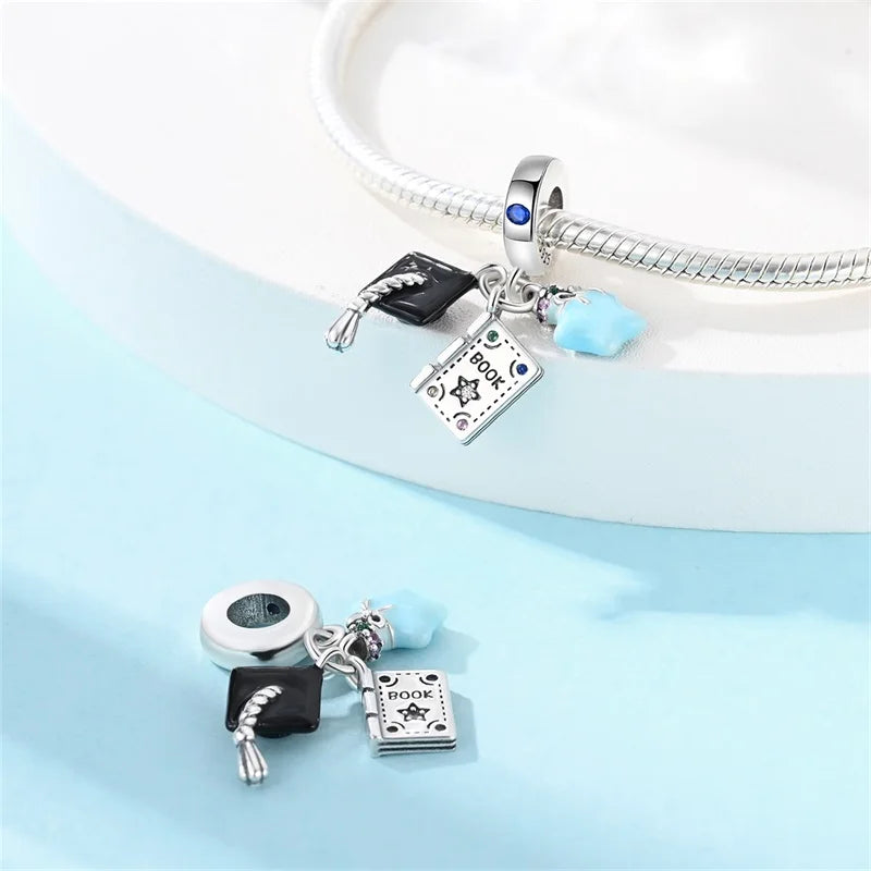 New 925 Silver Trencher Cap Graduation Season Charms Beads Fit 3mm 925 Original Bracelets DIY Unique Jewelry Graduation Gift