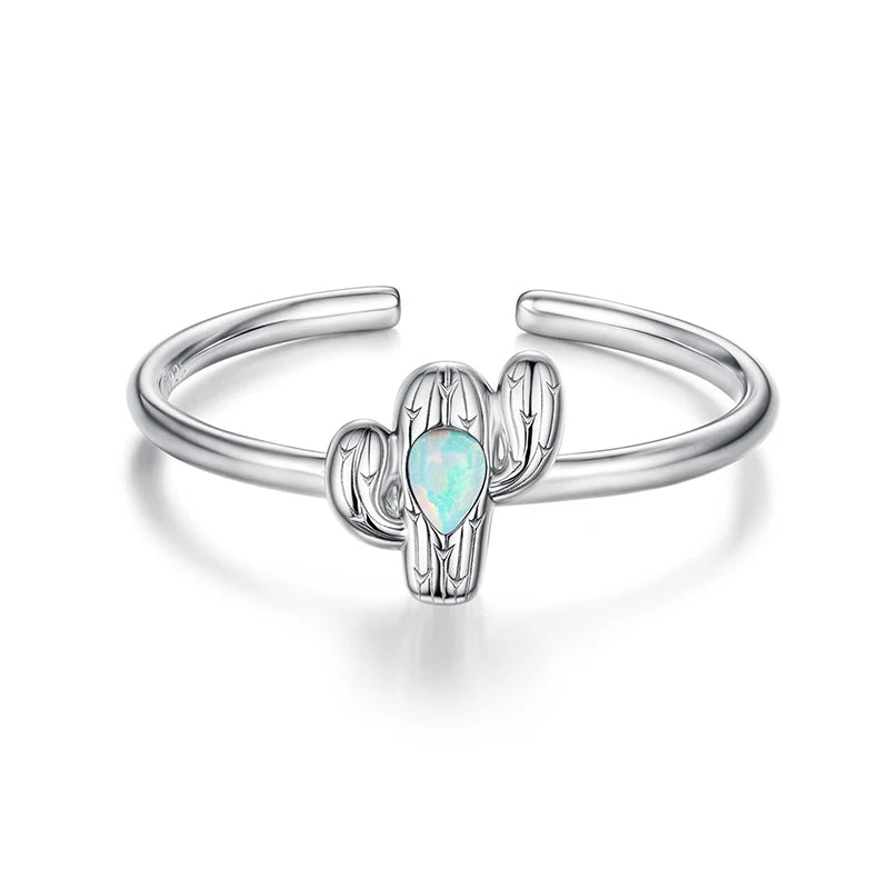 BAMOER 2025 Solid 925 Sterling Silver Cute Cactus Adjustable Rings Lovely Plant Open Ring Jewelry for Women Girls SCR1120-E