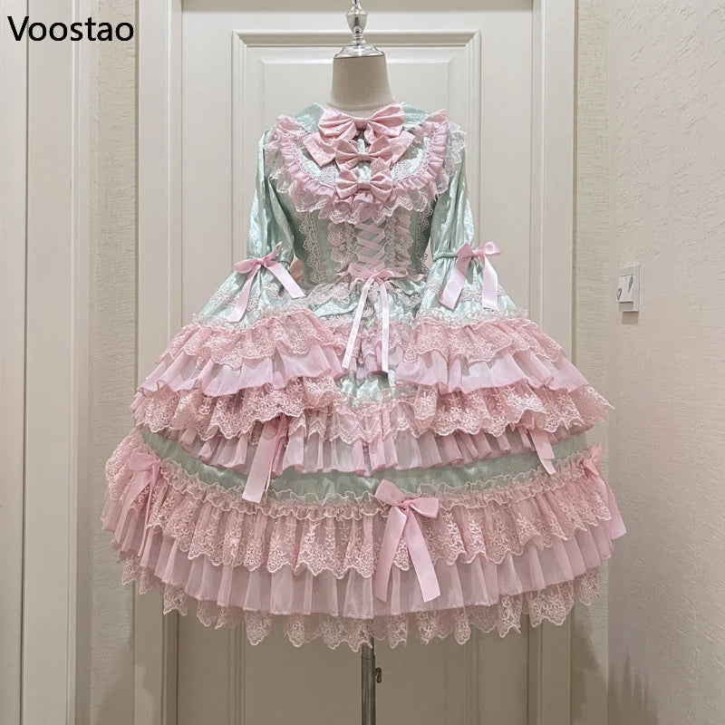 Victorian Vintage Lolita OP Dress Women Kawaii Cute Bow Lace Ruffle Fl Victorian Vintage Lolita OP Dress Women Kawaii Cute Bow Lace Ruffle Fl