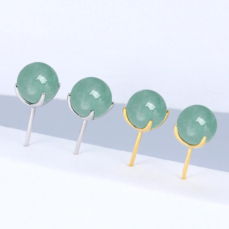 925 Sterling Silver Ladies Casual Four Claw Stud Ear 6.5-7mm Round Natural Aventurine Fashion Earrings for Women Jewelry Gift