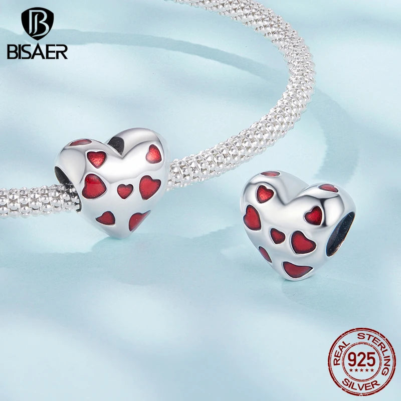 BISAER 925 Sterling Silver Heart Charm Bead Red Enamel Eternal Love Pendant for Women DIY Bracelet & Neckalce Fine Jewelry Gift