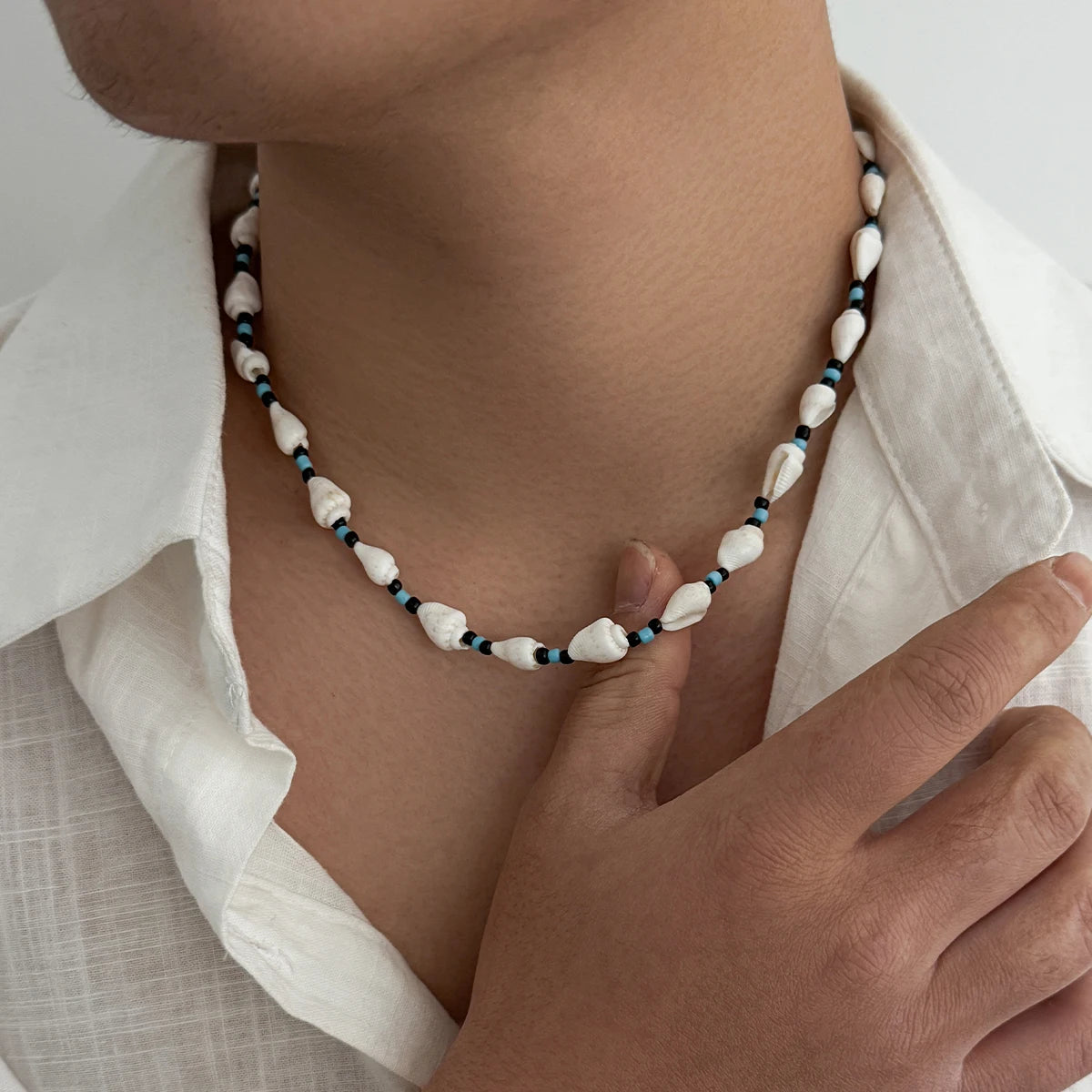 SHIXIN Boho Ethnic Wooden Bead Conch Chain Necklace Men 2026 Surfer Summer Ocean Beach Vacation Clavicle Chain Neck Jewelry Gift