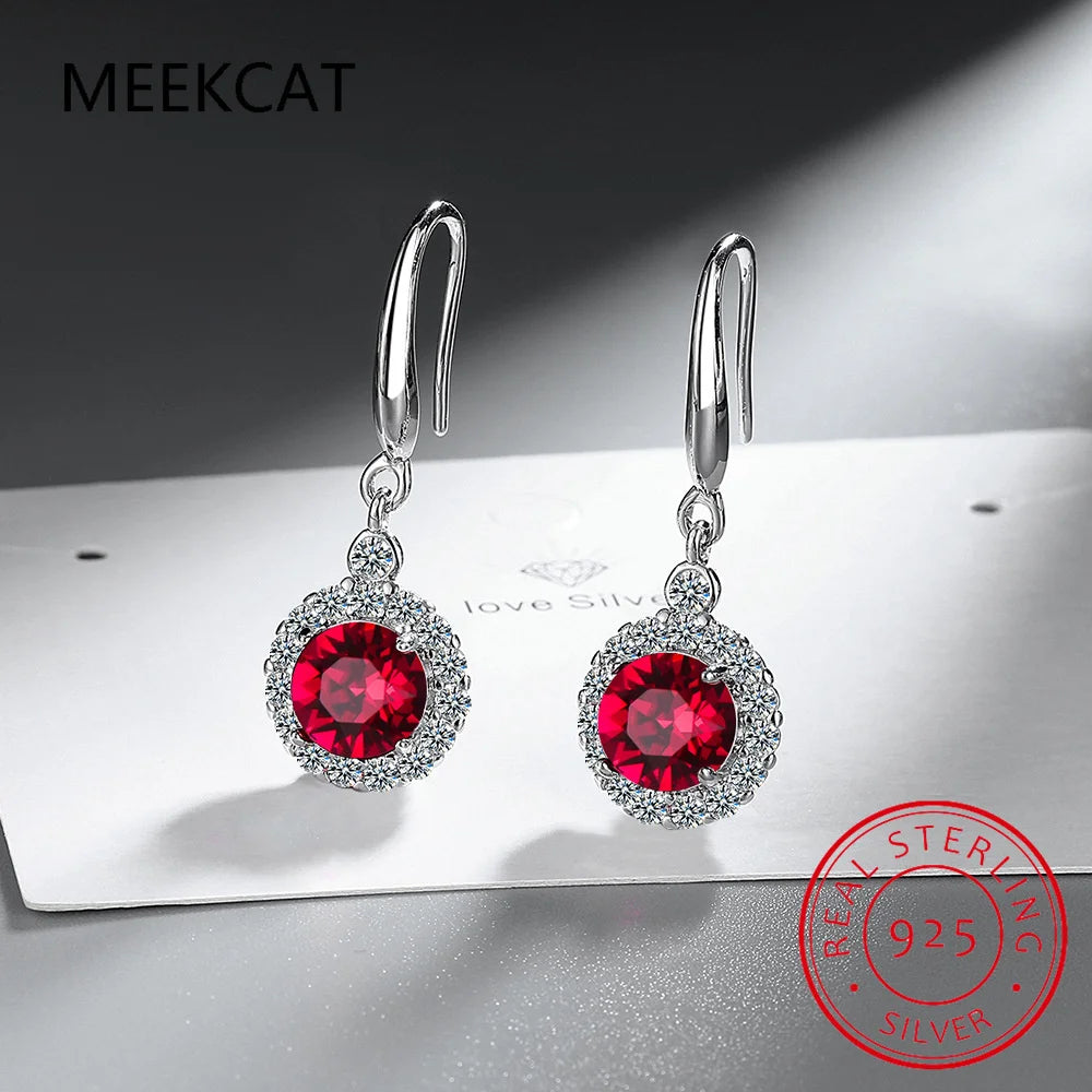 Round Genuine Red Garnet 925 Sterling Silver Drop Earrings for Women Fashion Engagement Jewelry Birthstone Brincos de Prata