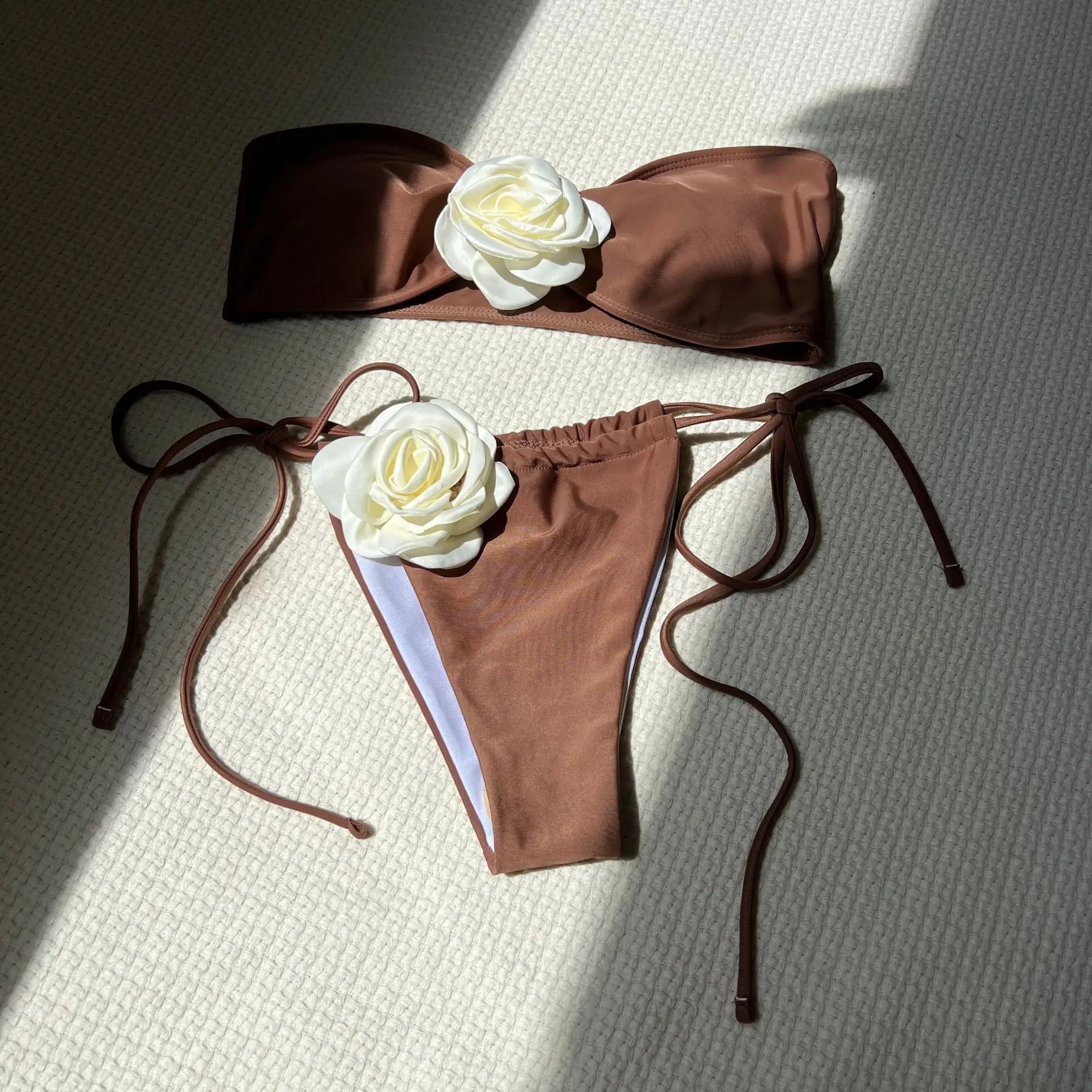 2025 New Solid Rose Bra with Drawstring Strap Split Swimsuit Bikini 9150