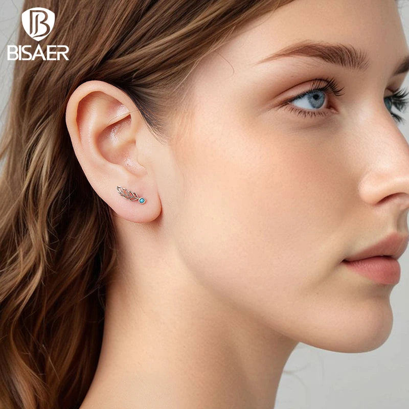 BISAER 925 Sterling Silver Turquoise Feather Stud Earrings Vintage Feathers Stud Ear for Women & Girls Party Fine Jewelry Gift