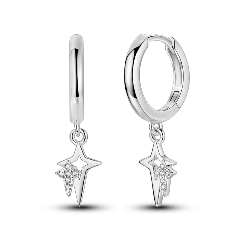 Classic Earrings 925 Silver Zircon Shiny Stars Moon Warm Sun Double Hoop Earrings For Women Original Birthday Party Jewelry Gift