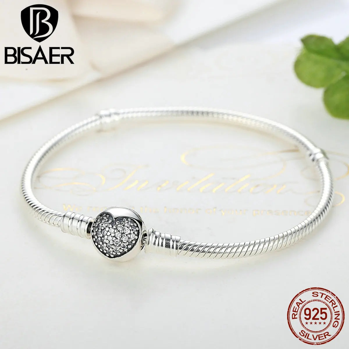 BISAER Bracelet et bracelet en argent sterling 925 en forme de cœur avec chaîne serpent classique et breloque en zircon pour femme