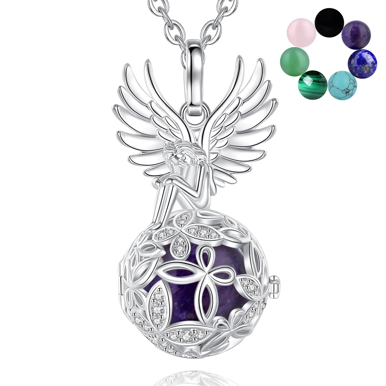 Eudora Angel Girl Flower Cage Necklace Amethyst Energy Healing Crystal Stone Jade Lapis Pendant Spiritual Jewelry Obsidian Gift